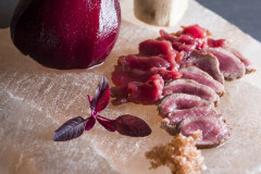 Carpaccio-with-marrow-bones-stuffed-with-venison-liver-pate-and-a-poached-pear01